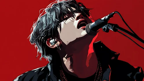 Singer leans into microphone onstage against solid red background