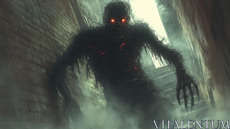 Shadowy alley creature with ember eyes and creeping dread.