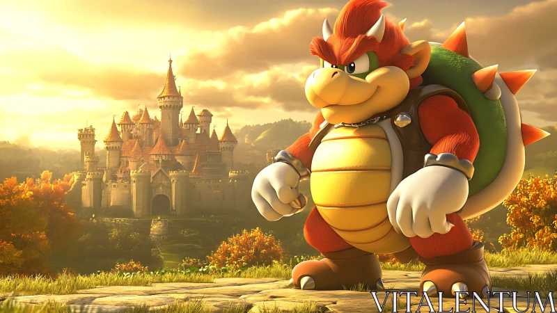 Spiked turtle warrior guards golden castle at sunset.