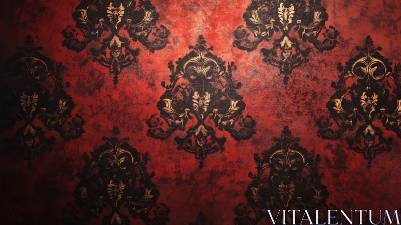 Rich red damask wall invites warm, dramatic elegance