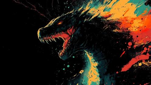 Roaring cosmic dragon painted in splashes of fiery color.