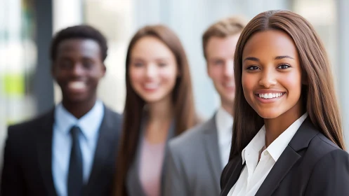 Confident young businesswoman in modern office, professional style.
