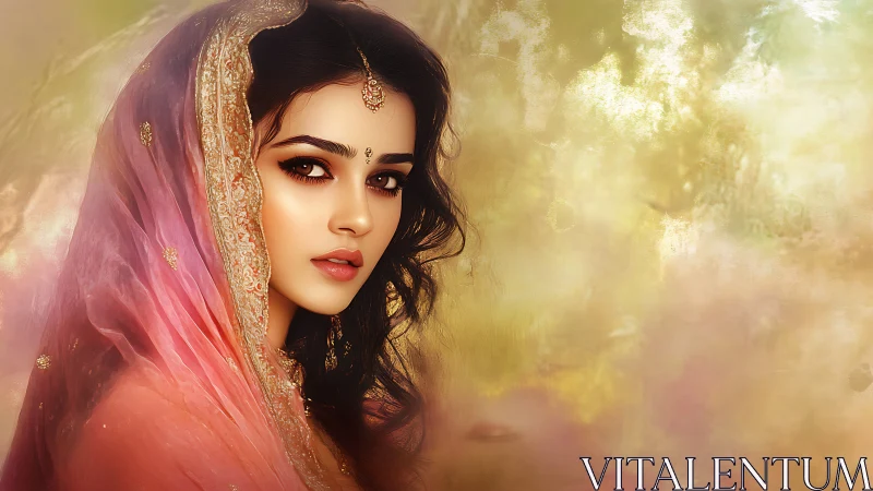Digital painting portrait with luminous sari drapery focus.