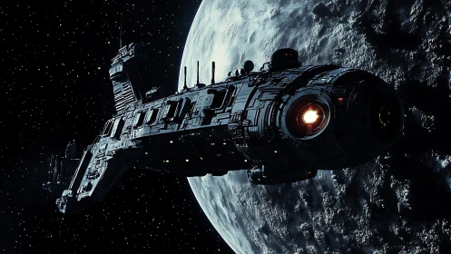 Large detailed spacecraft orbits cratered planet in deep space