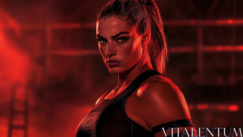 Athletic woman in red-lit studio stares with intense focus
