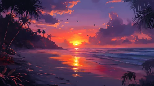Digital seascape depicts sunset over palm-lined tropical shore