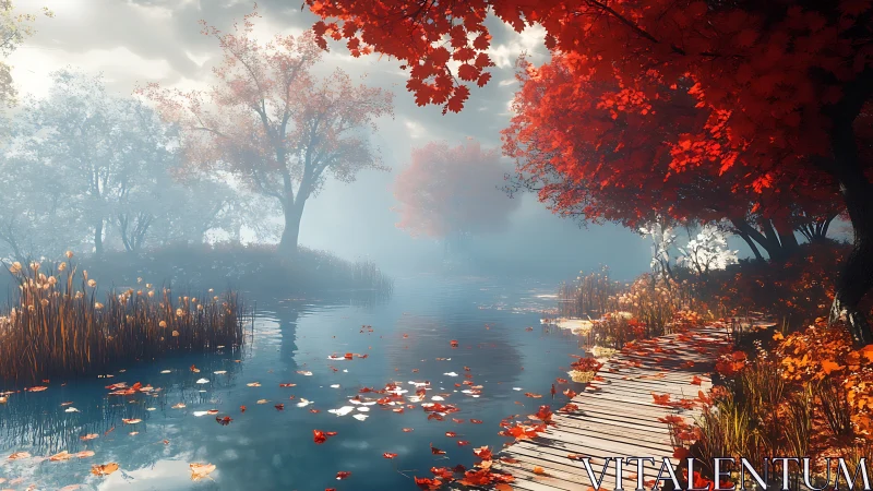 Misty autumn river bend with glowing crimson canopy path.