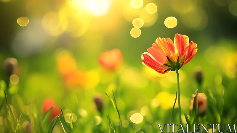 Single orange flower glows under warm morning backlight