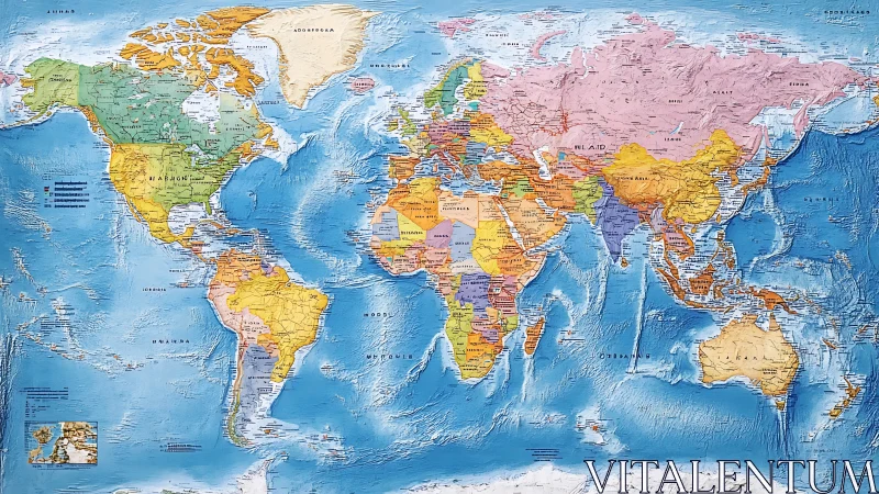 Political world map highlights countries with vivid relief