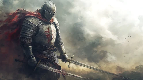 Stormlit armored knight strides forward with twin shining blades