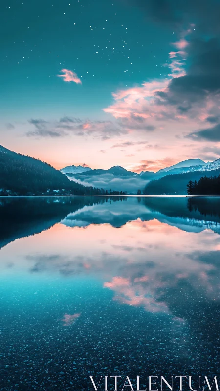Symmetrical alpine lake reflection under cyan twilight sky