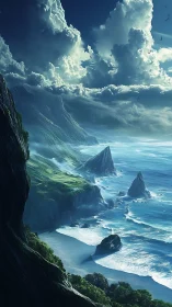 Coastal Precipice: Digital Seascape with Dramatic Cloud Formation.