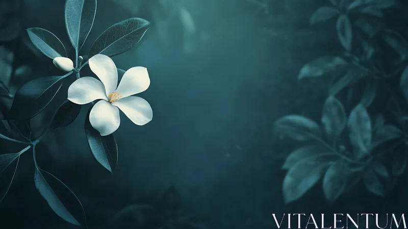 White Flowers on Teal Foliage in Shallow Depth of Field