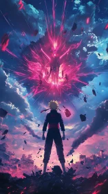 Silhouetted figure observing explosive energy form in sky.