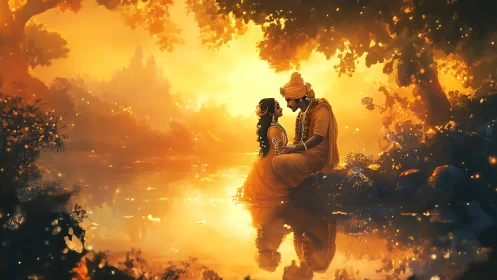 Couple in Water at Sunset with Golden Atmospheric Effect