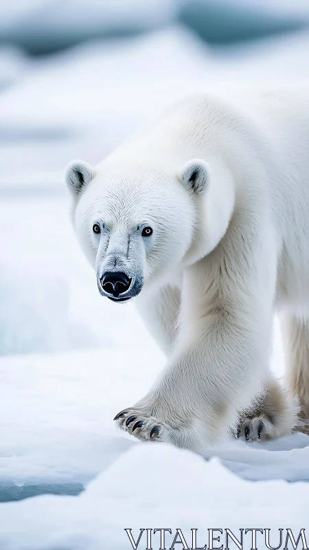 Polar bear walking across compact sea ice in daylight.