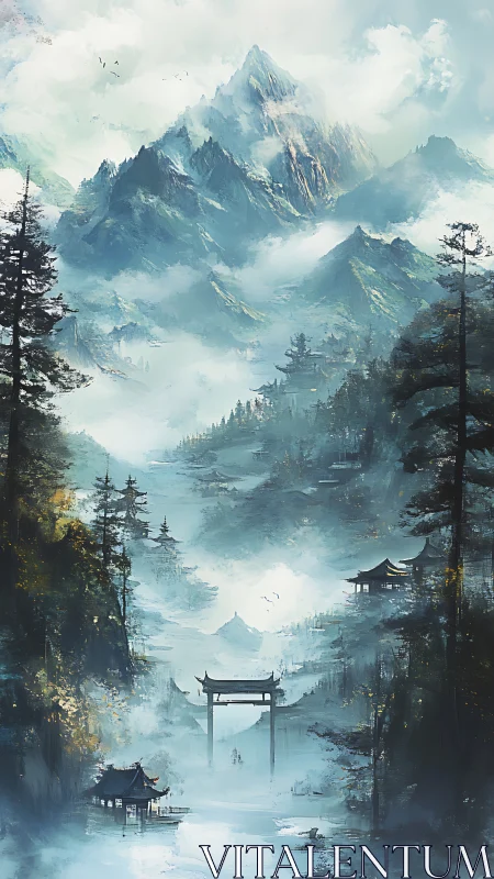 Misty alpine peaks over tranquil torii gate river valley