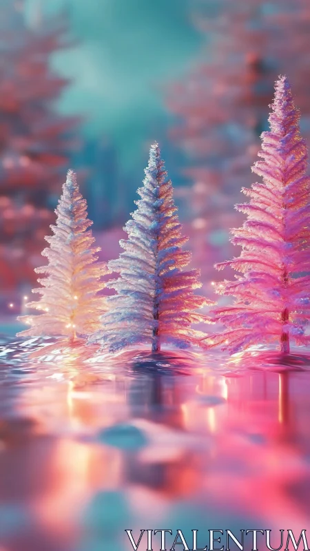 Iridescent miniature fir trees over reflective pastel water