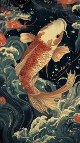 Central koi fish is rendered amid stylized dynamic waves