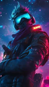 Futuristic soldier stands in neon space glow with folded arms