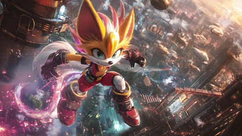 Anthro fox hero rockets through neon sci fi cityscape.