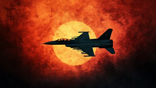 Midnight strike jet slicing across a burning painted sun.