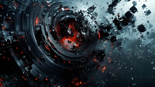 Futuristic Abstract Vortex with Glowing Red Accents in Digital Style.