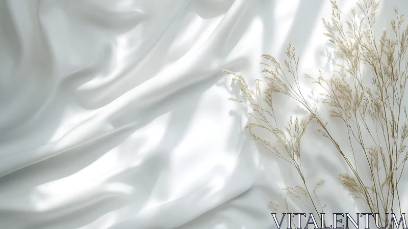 Soft white fabric folds with dried grass in diffused daylight