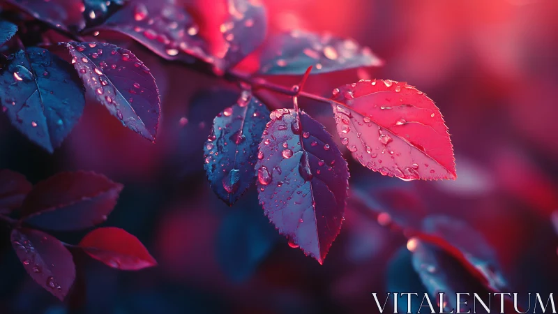 Leaf cluster with water droplets under colored lighting.