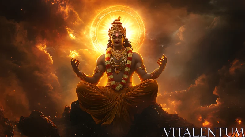 Solar halo yogi radiates molten serenity above clouds.