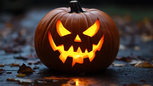 Grinning jack o lantern carves fire into the autumn dusk