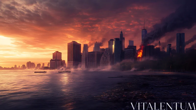 Fiery city skyline burns beneath a dramatic twilight sky.