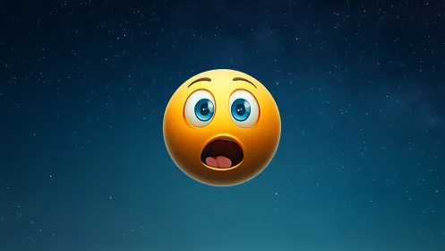 Surprised emoji sphere floating in a deep starry sky.