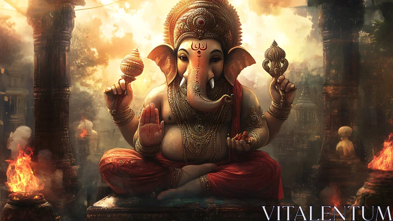 Majestic Ganesha deity in ornate temple firelit ambiance.