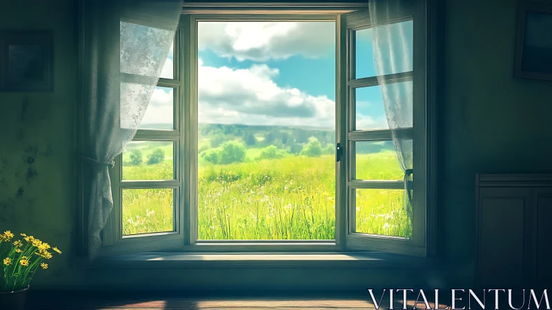 Sunlit country window opens gently onto a peaceful meadow