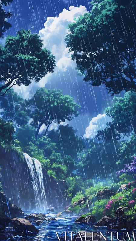 Rainfall pours over dense forest, waterfall, and stream