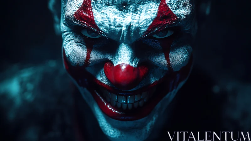 Sinister metallic clown portrait under moody teal light.