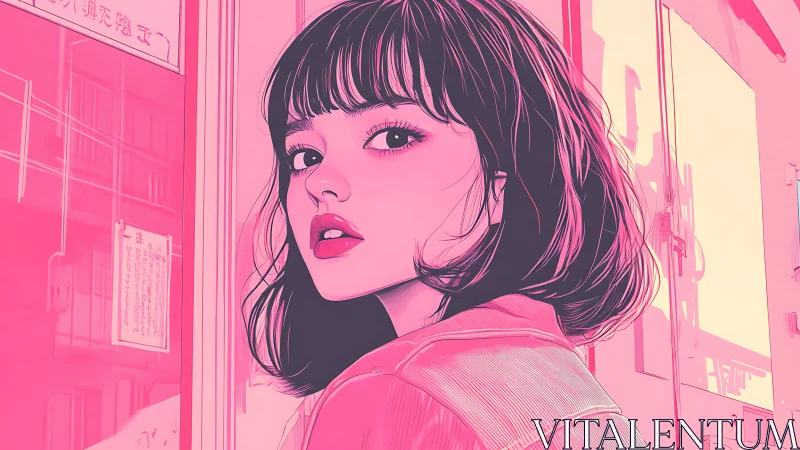 Stylized pink portrait of woman in urban street scene.