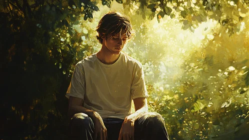 Pensive youth rests in dappled forest light, soft gold haze.