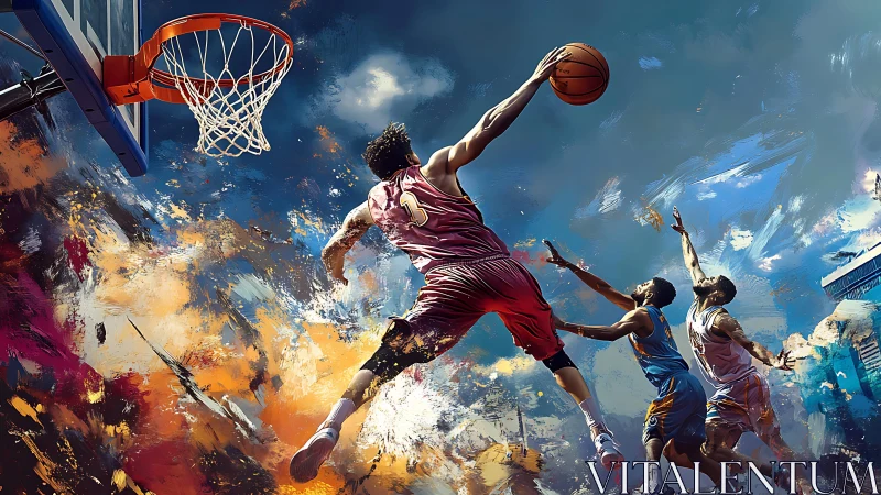 Skybound slam dunk erupts through swirling painted cosmos.