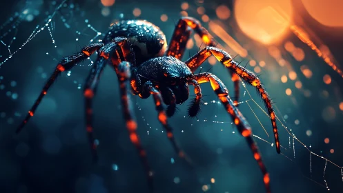 Neon dusk hunter spider prowling a jeweled raindrop web.