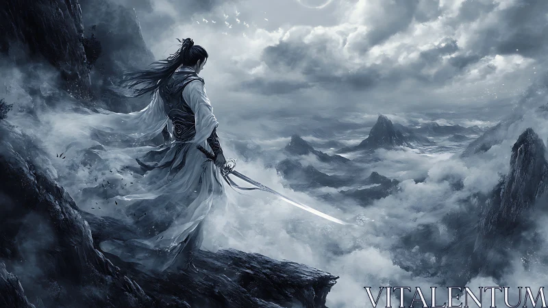 Swordsman on precipice overlooking clouded mountain range.