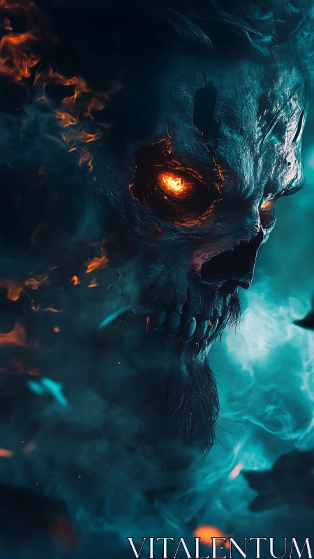 Fiery skull spirit emerging from swirling neon mist.