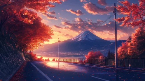 Autumn highway overlook facing snow capped stratovolcano at dusk