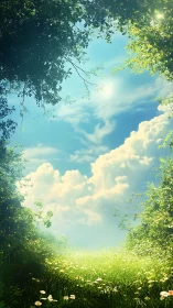 Sunlit meadow opening framed by dense green foliage.