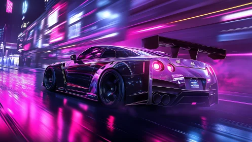 Neon city streets glow as a sleek sports car races forward