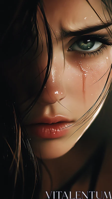 Wet-eyed woman stares forward with tense, wounded resolve