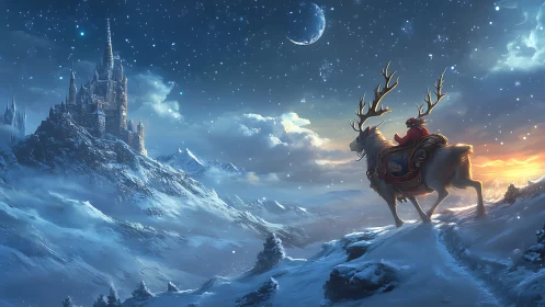 Rider on antlered mount surveys illuminated ice castle at dusk