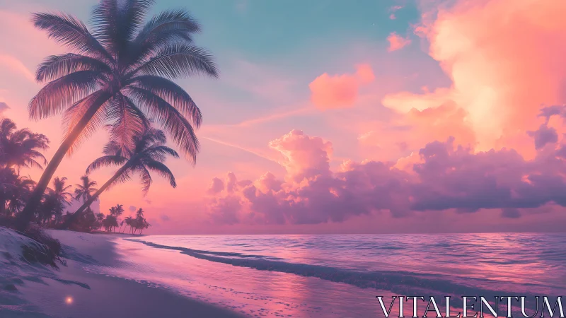 Dreamy tropical shoreline glows under a soft pastel sunset sky