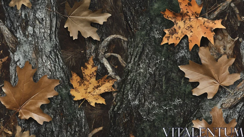 Autumn oak leaves resting on textured bark in high-resolution